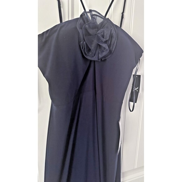 XSCAPE Women's Rosette Halter Gown Sleeveless Front slit Formal Dress Navy 14 - Picture 7 of 11